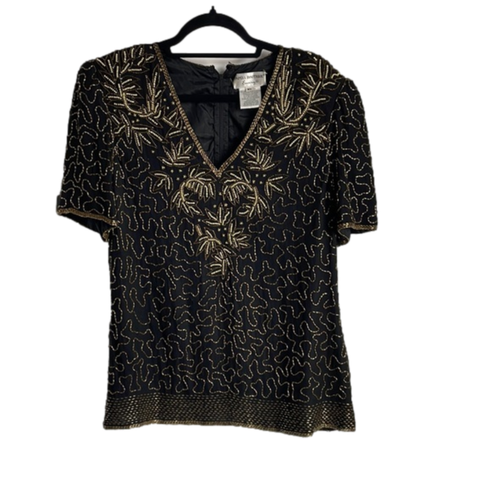 Adrianna Papéll Vintage Black silk Beaded Top Womens XL